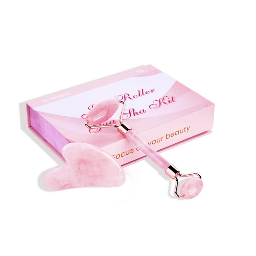 Femometer Jade Roller Gua Sha Kit - Gift Set - Pink Rose Quarts Roller